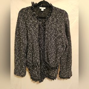 Dressbarn Shaggy Wool-Blend Fringe Long Sleeves Zip Black White Sweater Size XL.